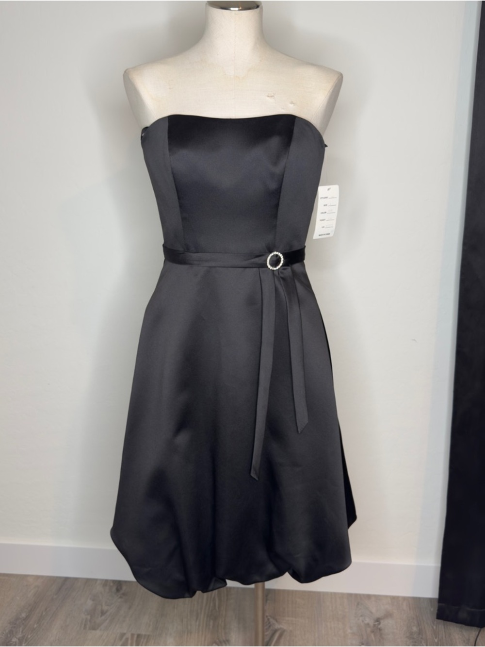 Strapless Black Satin A-Line Dress with Decorative Belt